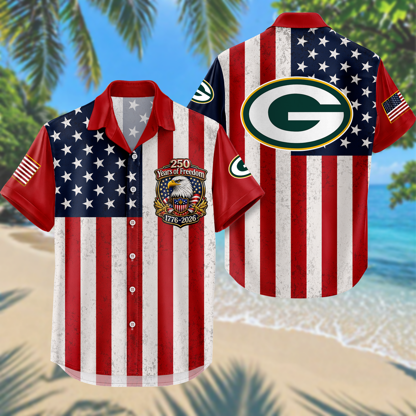 GB x NFL USA Flag 250 Years Independence 1776–2026 Hawaiian Shirt 2104 DatND DVT