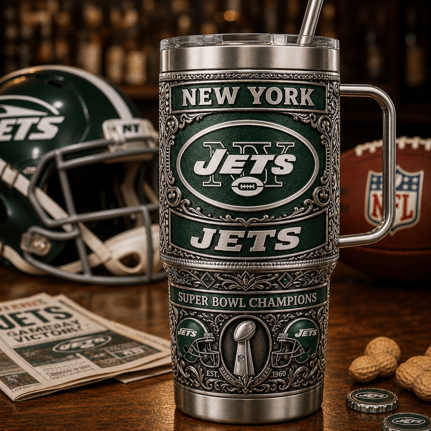 NYJ x NFL 40oz Insulated Tumbler With Handle – Premium Fan Edition 0605 DatND DVT
