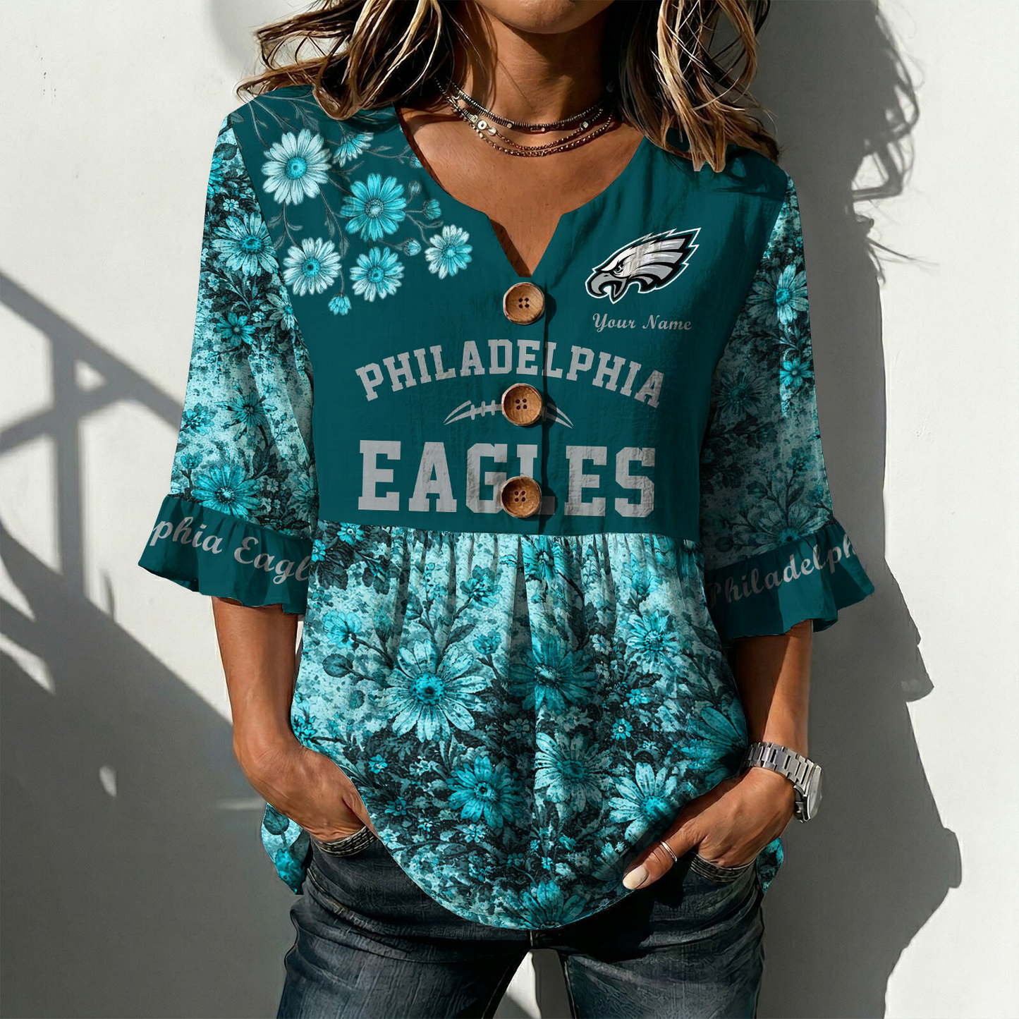 PHI x NFL Floral V-neck Babydoll Shirt DATND TANTD 210426