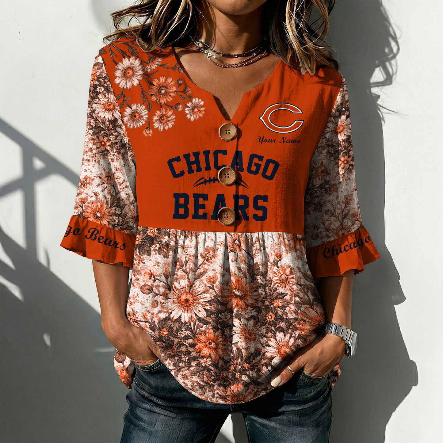 CHI x NFL Floral V-neck Babydoll Shirt DATND TANTD 210426