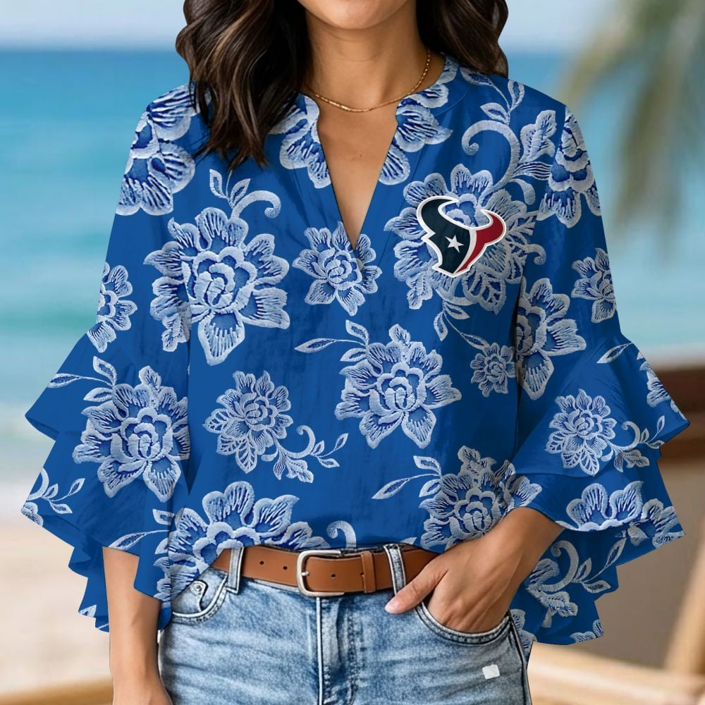 HOU x NFL 3D V-Neck Lotus Trim Women's TShirt 2004 DatND DVT