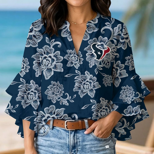 HOU x NFL 3D V-Neck Lotus Trim Women's TShirt 2004 DatND DVT