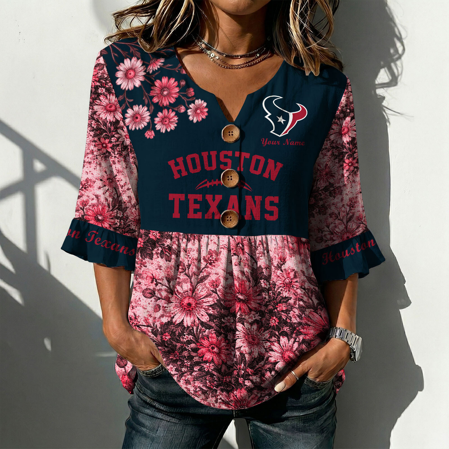 HOU x NFL Floral V-neck Babydoll Shirt DATND TANTD 210426