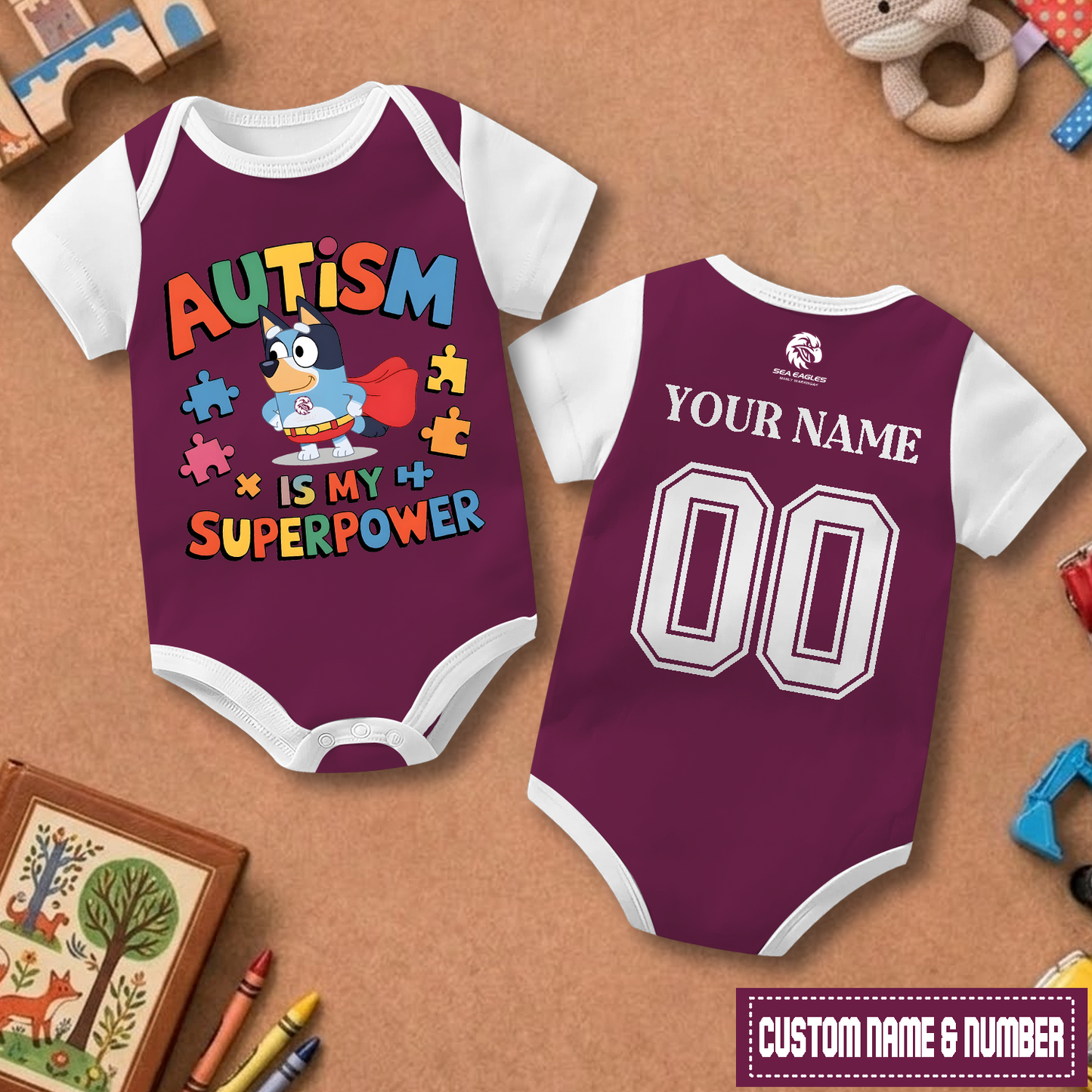 MAN x NRL Custom Name & Number  Baby Romper DATND TANTD