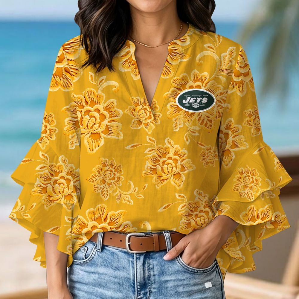 NYJ x NFL 3D V-Neck Lotus Trim Women's TShirt 2004 DatND DVT