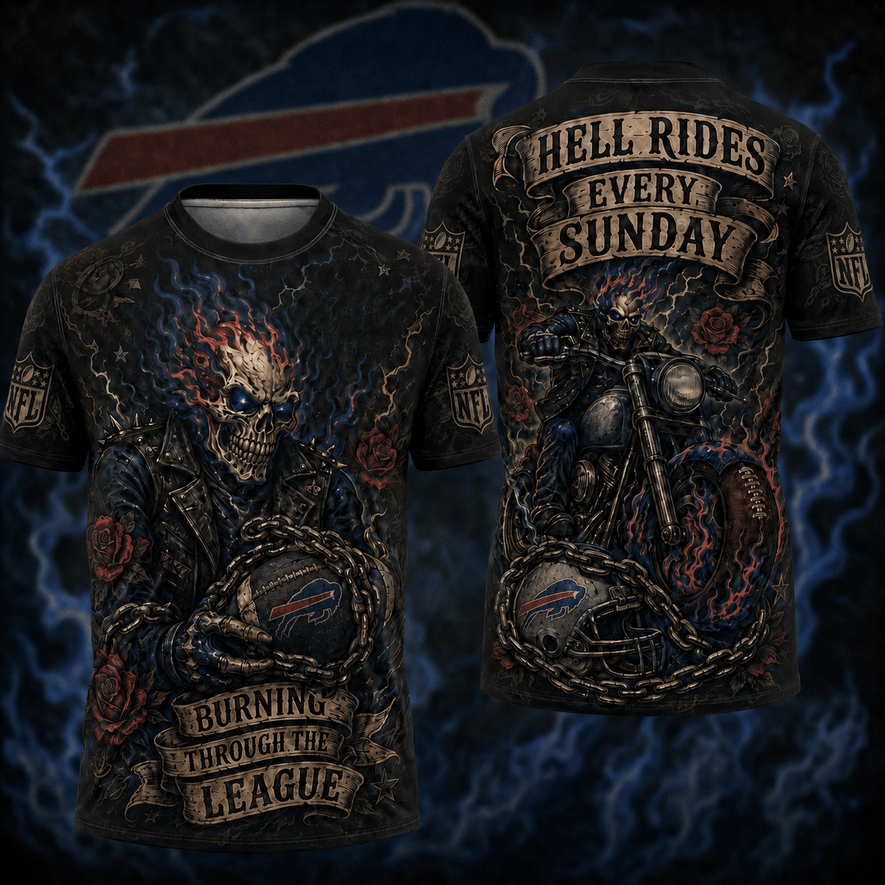 Premium NFL BUF Ghost Rider Tattoo T-shirt V3 NMD 080526 TTV