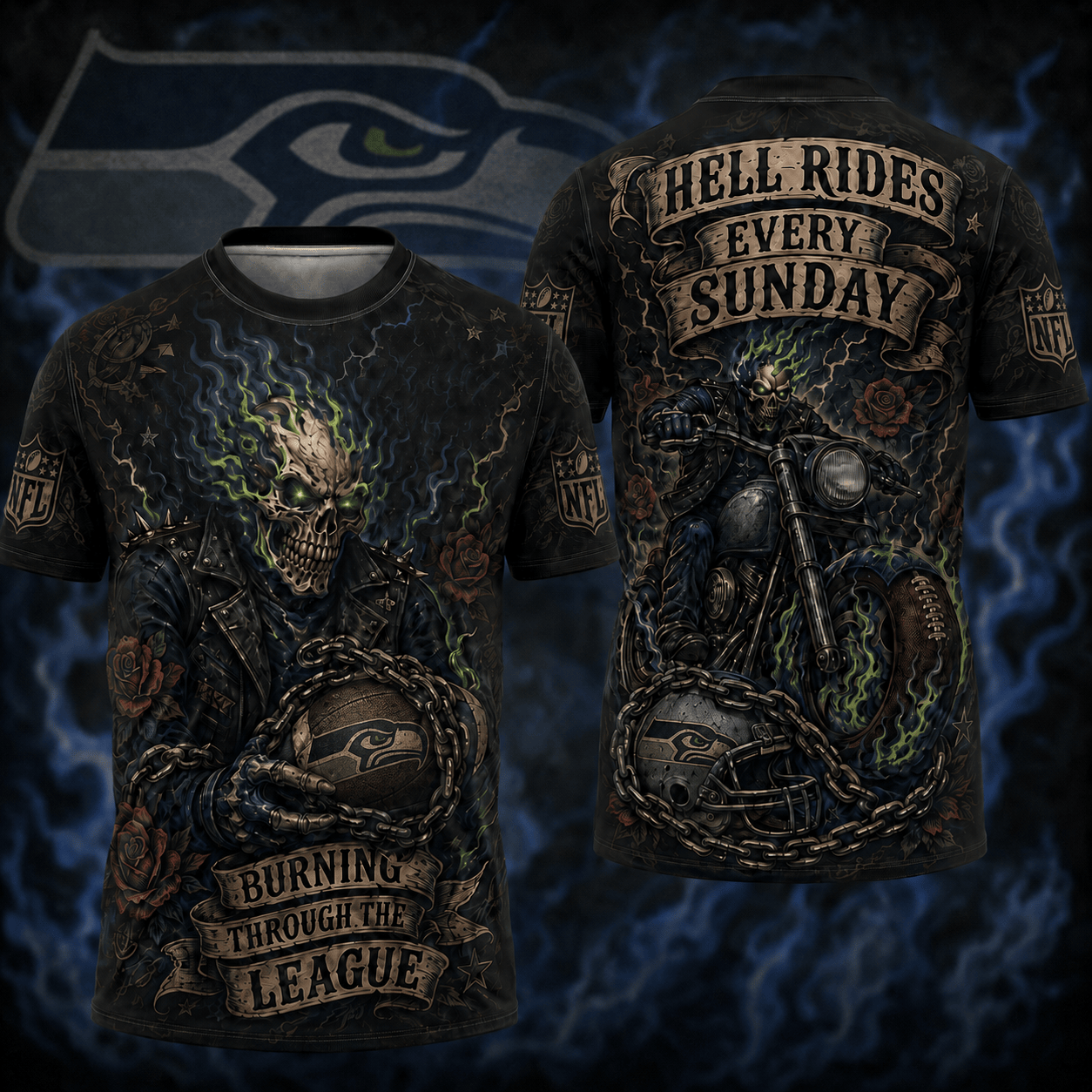 Premium NFL SEA Ghost Rider Tattoo T-shirt V3 NMD 080526 TTV
