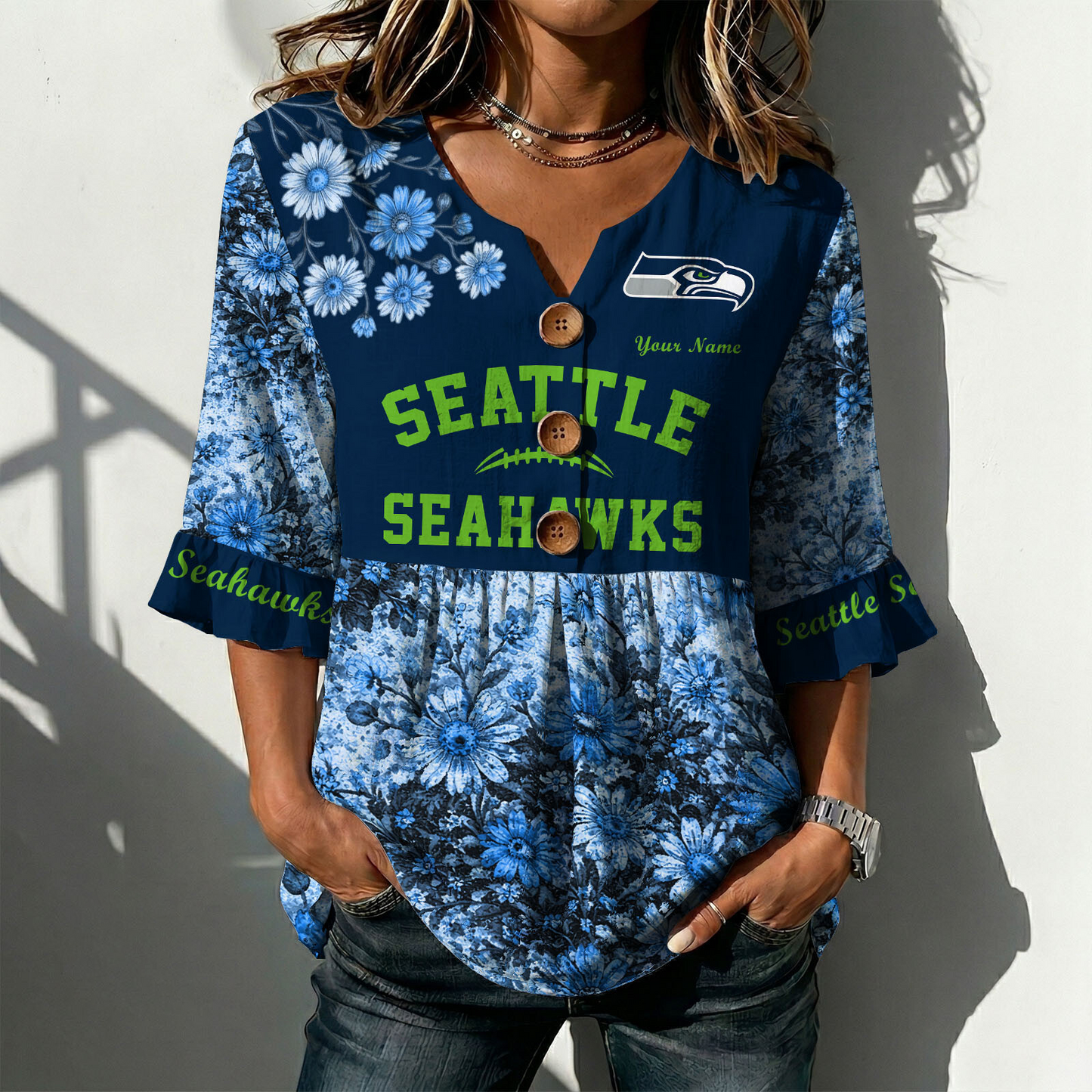 SEA x NFL Floral V-neck Babydoll Shirt DATND TANTD 210426