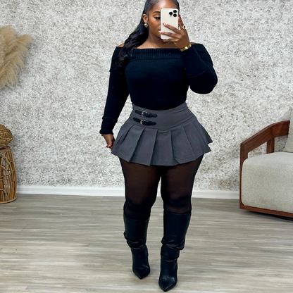 Gray Pleated Mini Skirt with Buckle Detail