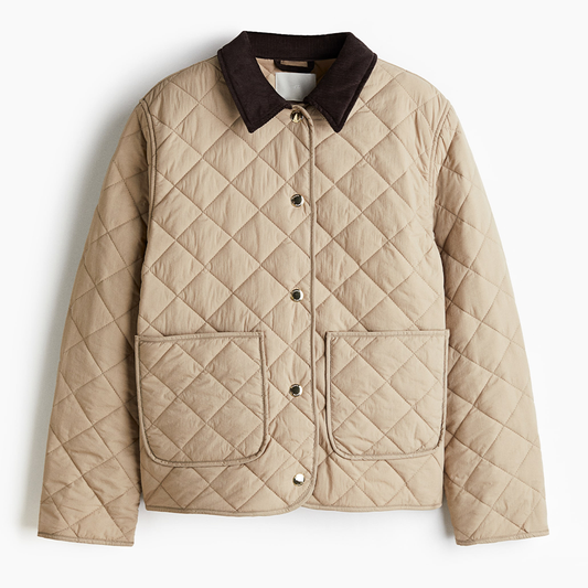 Beige Quilted Jacket with Corduroy Collar