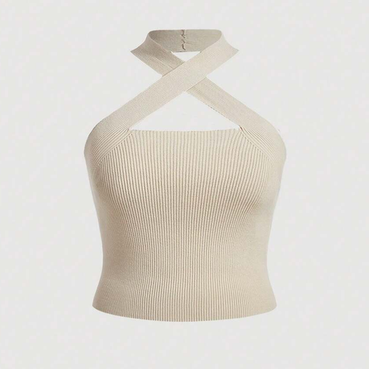 Beige Ribbed Cross-Neck Knit Top