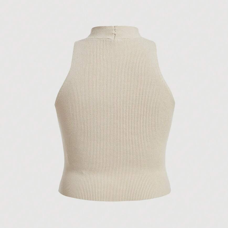Beige Ribbed Cross-Neck Knit Top