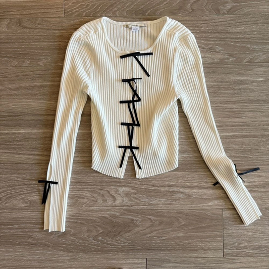 Cardigan White Black Bows Split Hem Sleeve