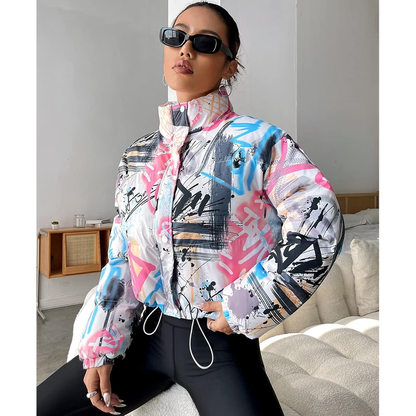 Graffiti Print Cropped Puffer Jacket