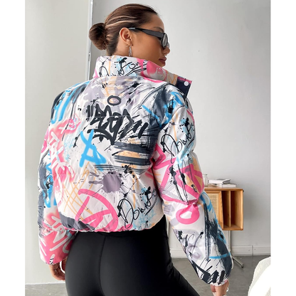 Graffiti Print Cropped Puffer Jacket