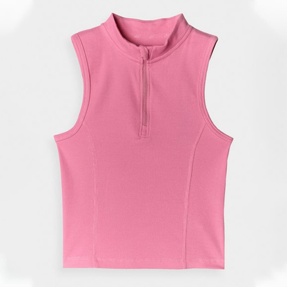 Pink Ribbed Zip-Up Sleeveless Top