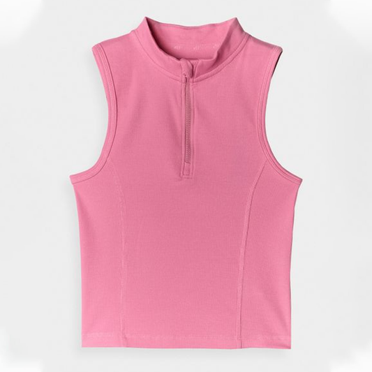Pink Ribbed Zip-Up Sleeveless Top