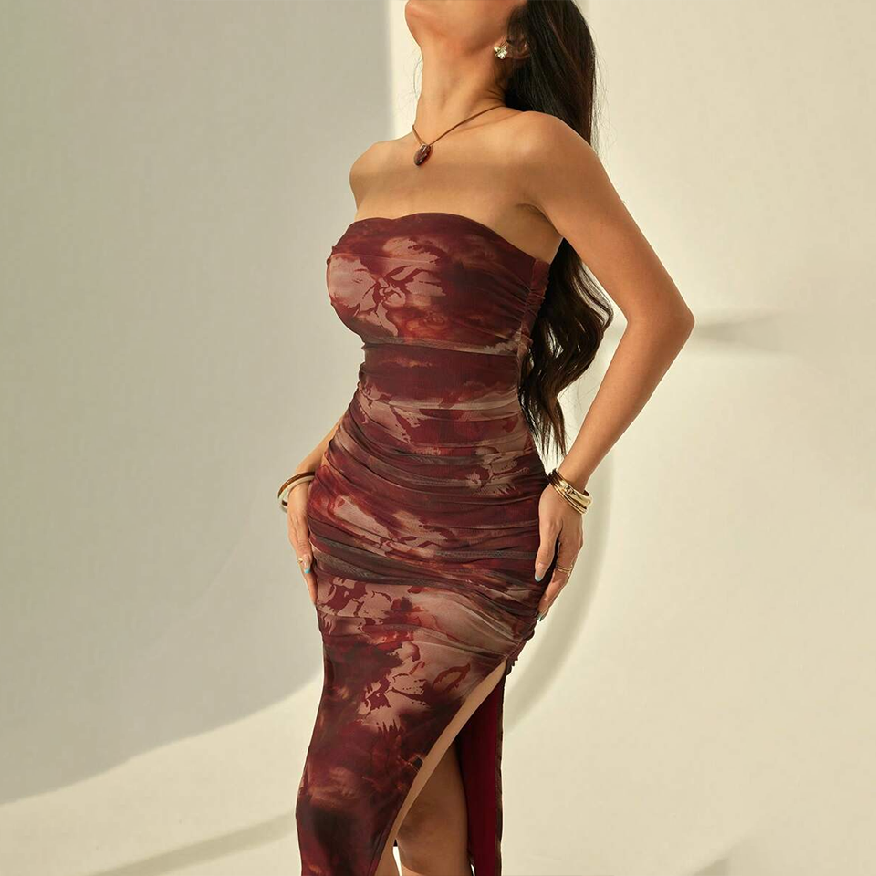 Strapless Ruched Mesh Maxi Dress